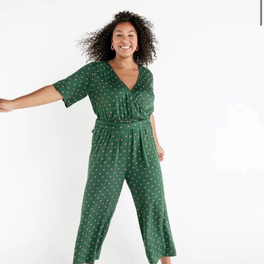 Ban.do Dark Green and Pink Polka Dot Jumpsuit